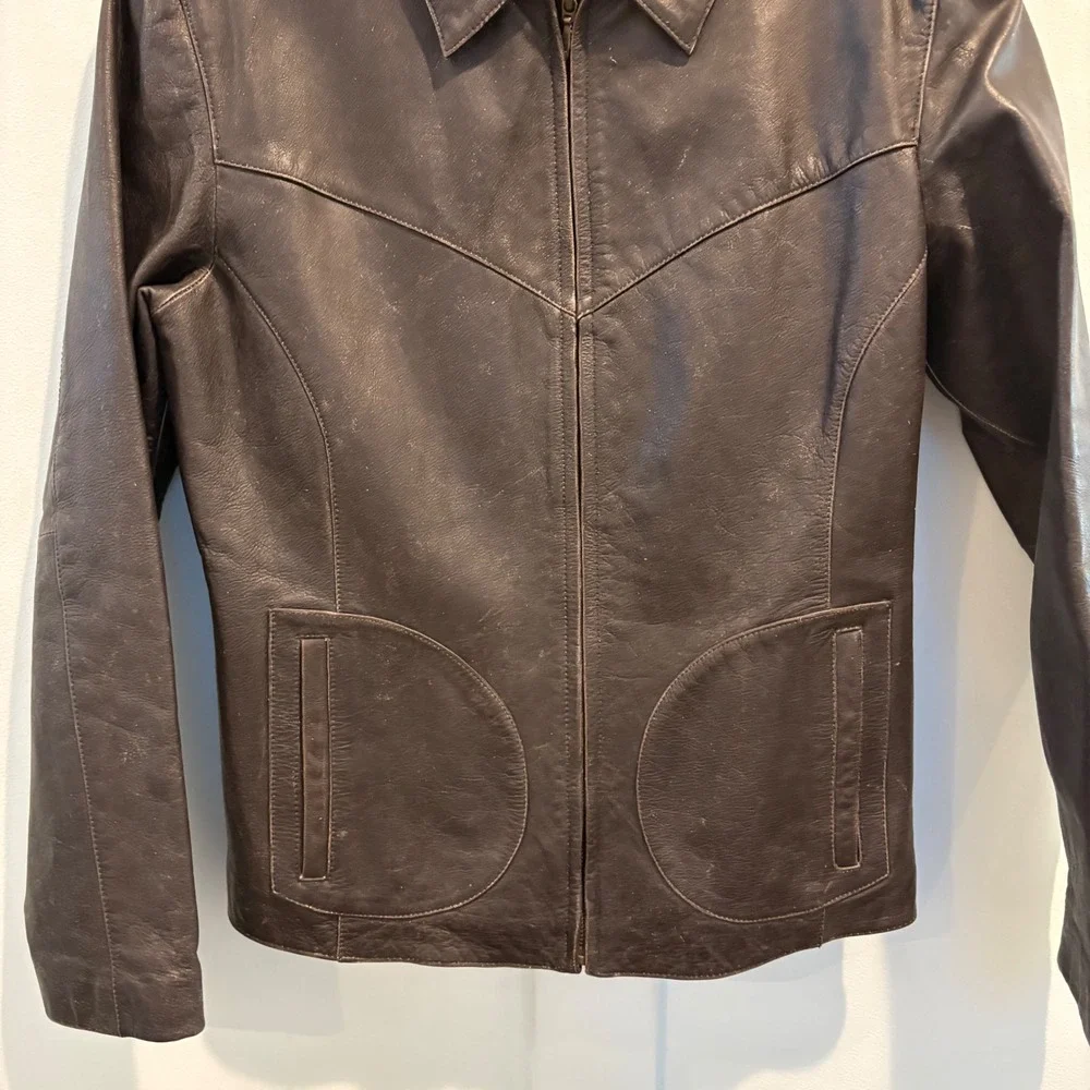 Vtg y2K Wilsons Leather Maxima Jacket Large Slim Chocolate Brown Western Moto - Picture 4 of 16